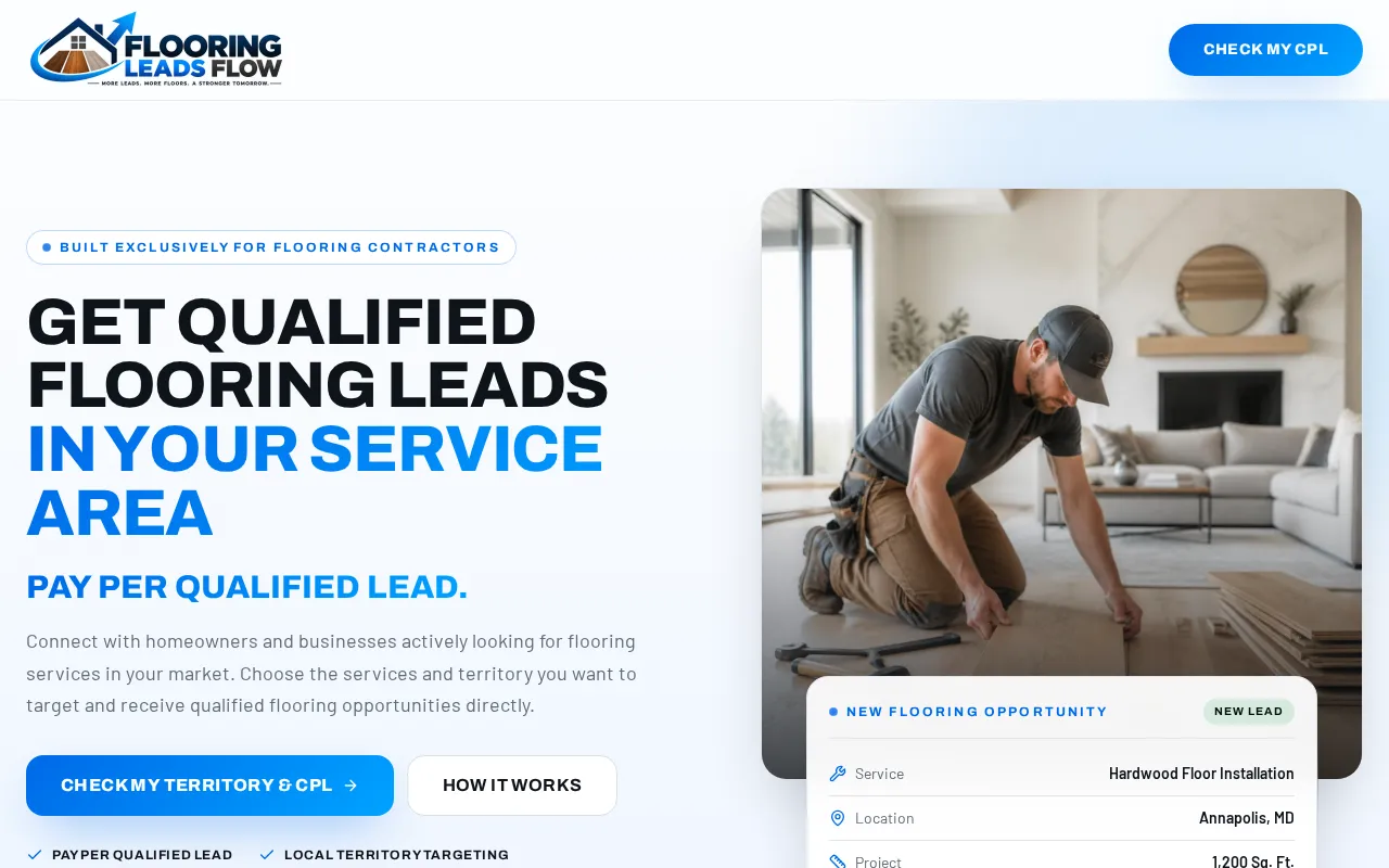 Flooring Leads Flow homepage showing qualified flooring leads hero with cost-per-lead pricing and lead notification card